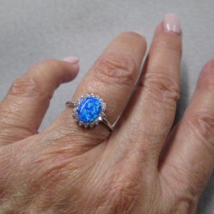 925 Sterling OPAL Ring>Sparkling CZ's,Halo Design, Minimalist, Dainty,Engagement